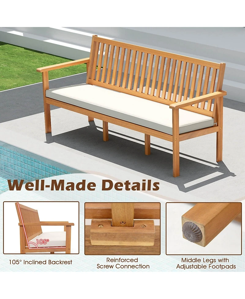 Outdoor 3-Seat Wood Bench 64 Inches Extra Long Acacia Chair with Seat Cushion