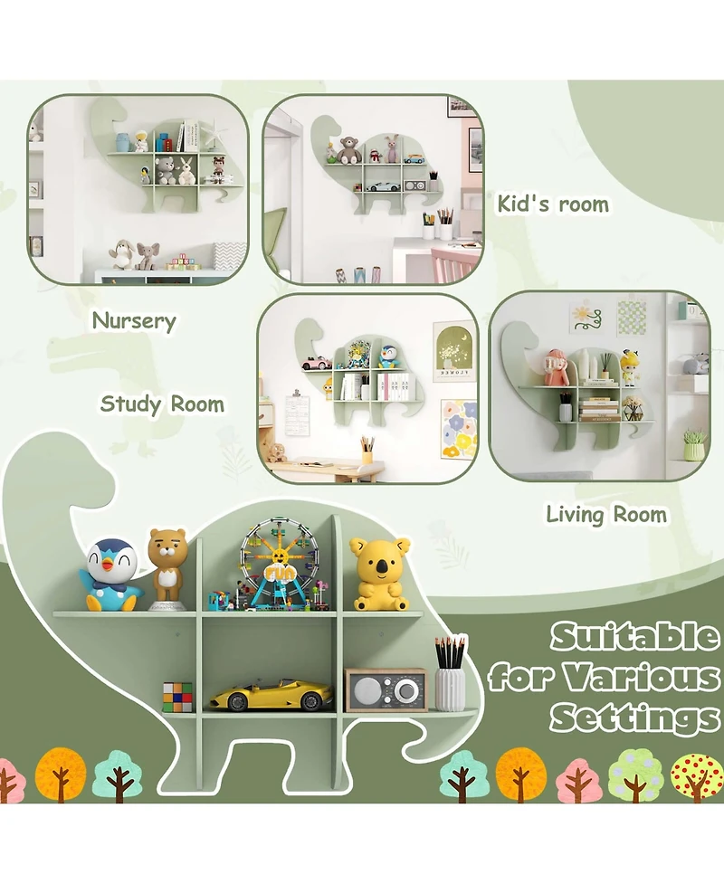 2-Tier Floating Dinosaur Kids Bookshelf Wall-Mounted Nursery Book Shelf