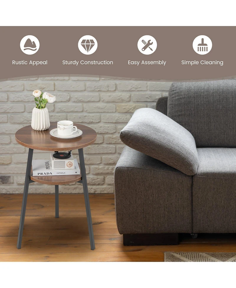 Set of 2 2-Tier Round End Tables with Open Shelf and Triangular Frame