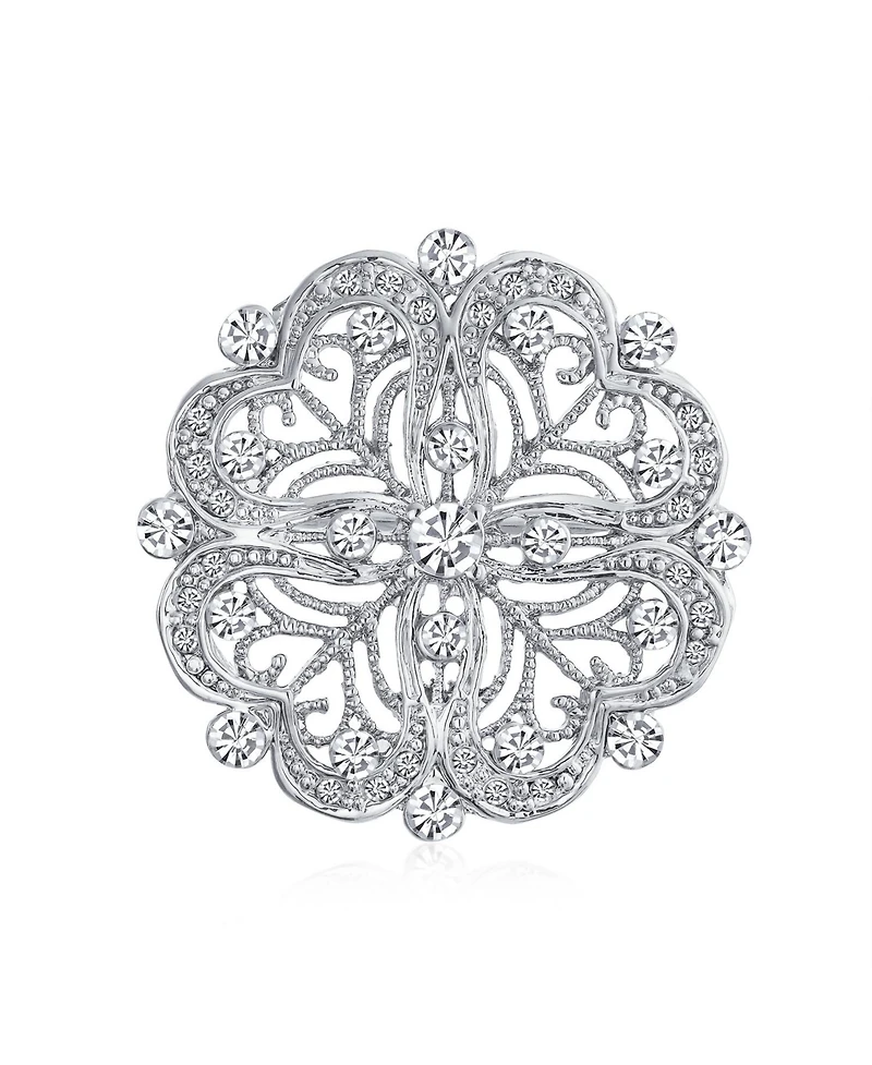 Bling Jewelry Floral Heart Filigree Cz Brooch Pin Silver Brass
