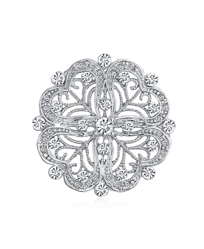 Bling Jewelry Floral Heart Filigree Cz Brooch Pin Silver Brass