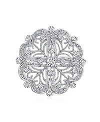Bling Jewelry Floral Heart Filigree Cz Brooch Pin Silver Brass