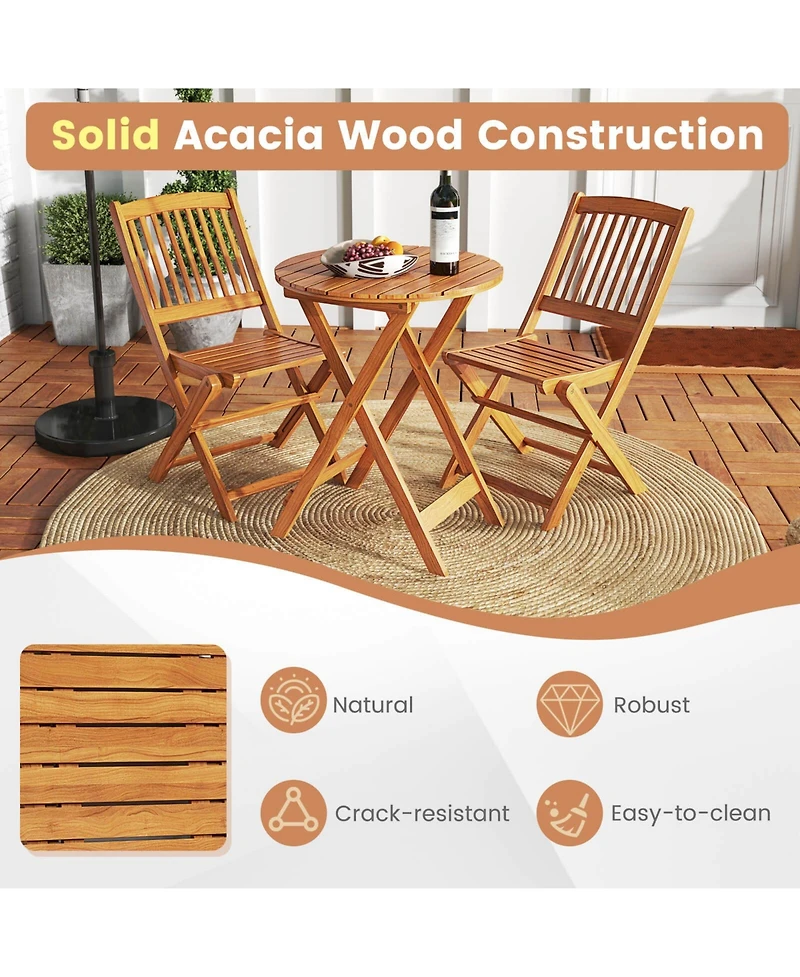 3 Pcs Acacia Wood Patio Bistro Set Folding Table & Chairs with Cushions