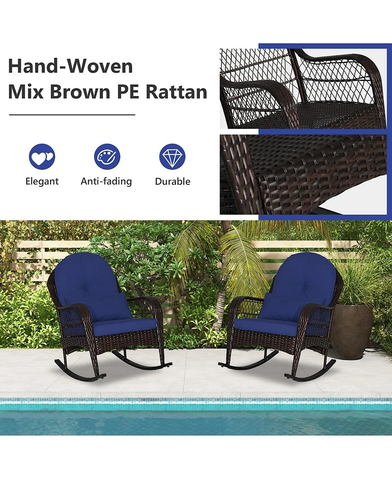 Patio Rattan Rocking Chair with Seat Back Cushions and Waist Pillow-Navy