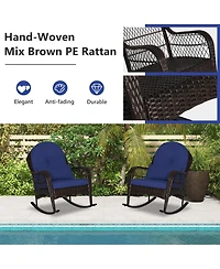 Patio Rattan Rocking Chair with Seat Back Cushions and Waist Pillow-Navy