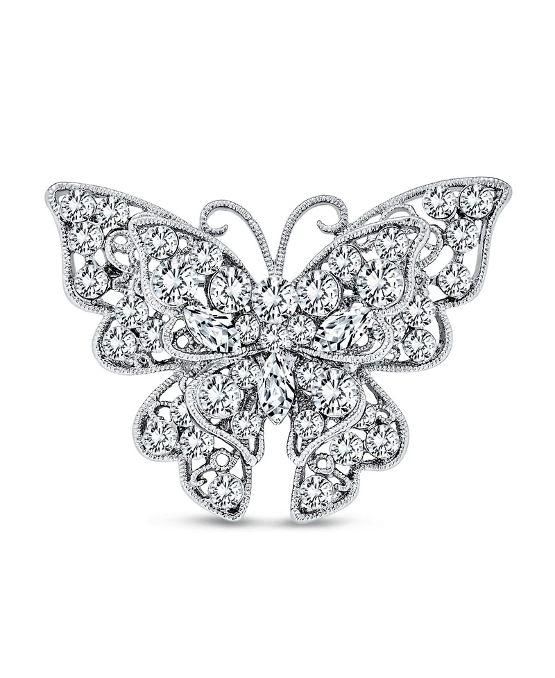 Bling Jewelry Large Crystal Filigree Butterfly Brooch Pin Fashion Statement Silver Plated Brass