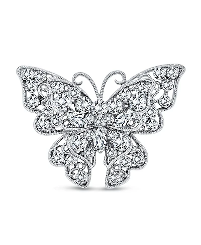 Bling Jewelry Large Crystal Filigree Butterfly Brooch Pin Fashion Statement Silver Plated Brass