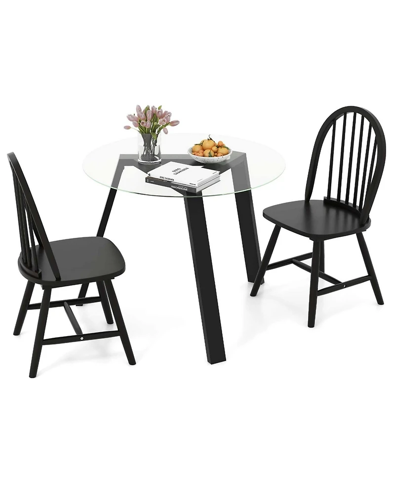 3 Pcs Dining Set for 2 Round Table with Chairs Solid Rubber Wood Frame Modern