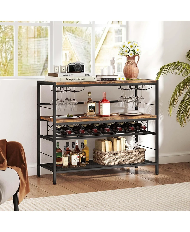 41" Wine Rack with 4 Glass Holders Wide Countertop Middle & Bottom Storage Shelves