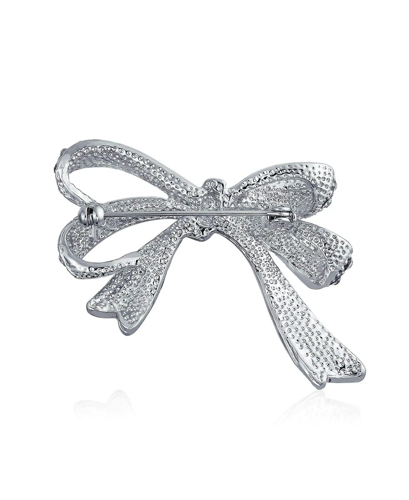 Bling Jewelry White Crystal Statement Ribbon Bow Brooch Pin Silver Plated