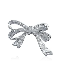 Bling Jewelry White Crystal Statement Ribbon Bow Brooch Pin Silver Plated