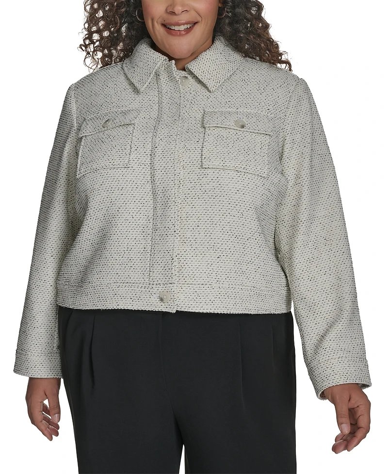 Dkny Plus Cropped Long-Sleeve Tweed Trucker Jacket