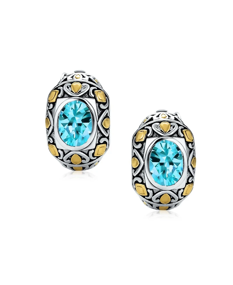 Bling Jewelry Two-Tone Bali Style Aqua Blue Oval Clip-On Earrings with Simulated Aquamarine Cz