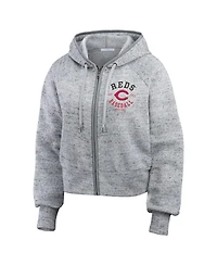 Wear by Erin Andrews Women's Heather Gray Cincinnati Reds Speckled Fleece Cropped Full-Zip Hoodie
