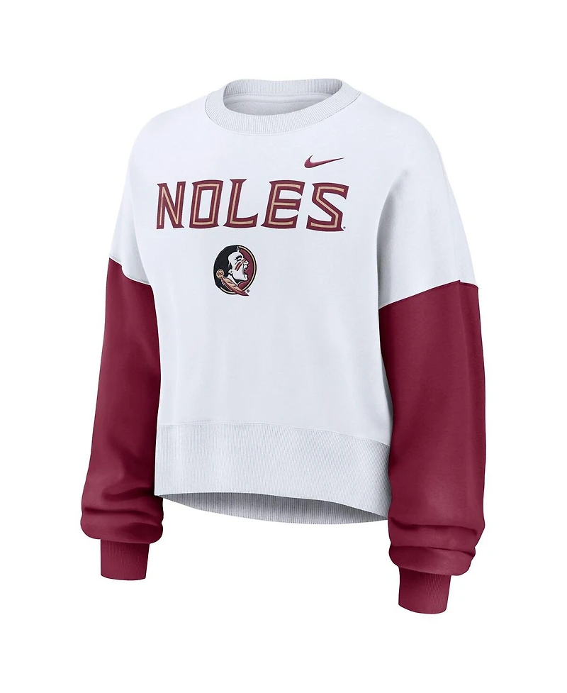Nike Women's White Florida State Seminoles Color Block Oversized Cropped Pullover Sweatshirt