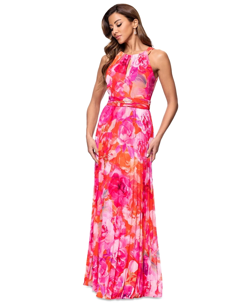 Xscape Women's Printed Pleated Sleeveless Halter-Neck Gown