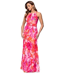 Xscape Women's Printed Pleated Sleeveless Halter-Neck Gown