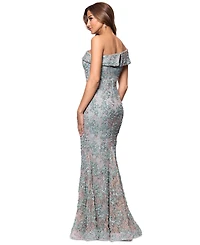 Xscape Women's One-Shoulder Soutache Lace Gown