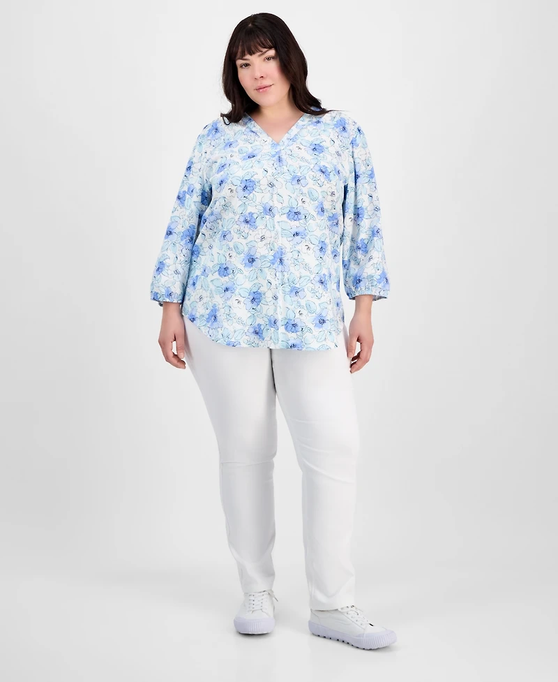 Jones New York Plus Size Floral-Print Linen-Blend Tunic
