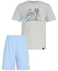 adidas Toddler & Little Boys Short-Sleeve Heather T-Shirt & Elastic-Waistband Logo Shorts, 2 Piece Set
