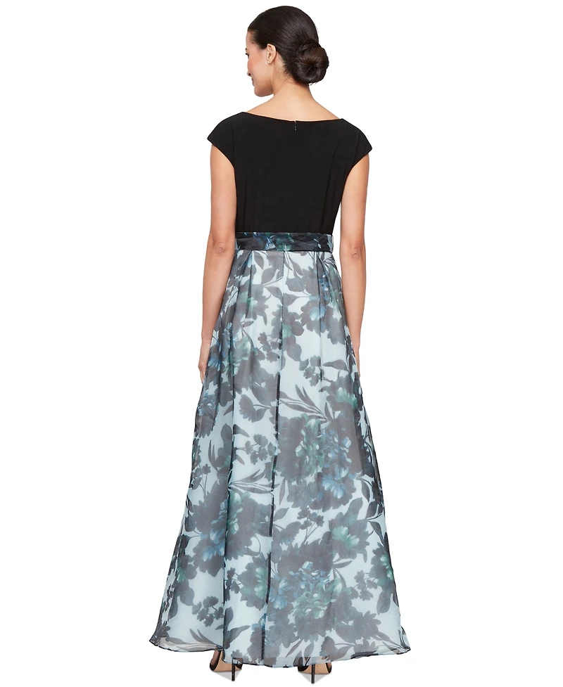 Sl Fashions Petite Floral-Print Cap-Sleeve Gown