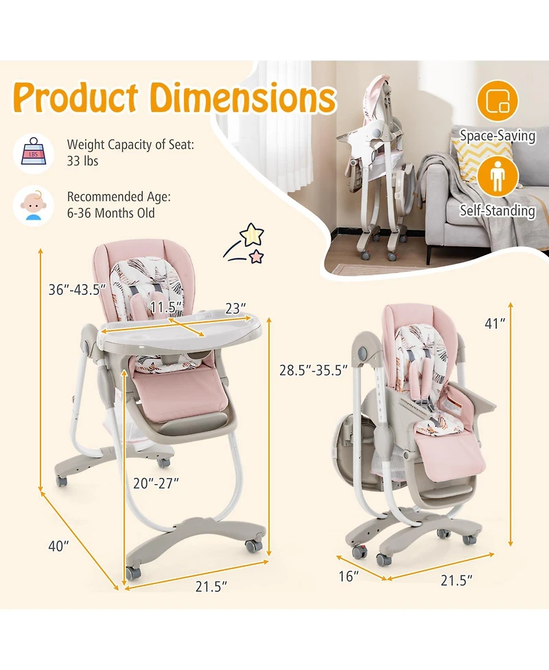 Multifunctional Folding Baby High Chair with Rolling Wheels and Adjustable Height