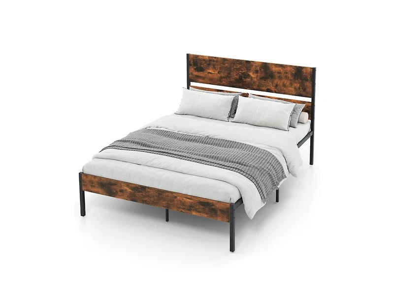 Metal Bed Frame with Wooden Headboard and Footboard