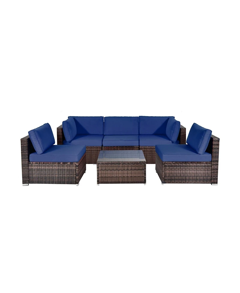 6 Pieces Patio Rattan Furniture Set with Cushions and Glass Coffee Table