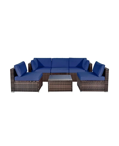 6 Pieces Patio Rattan Furniture Set with Cushions and Glass Coffee Table