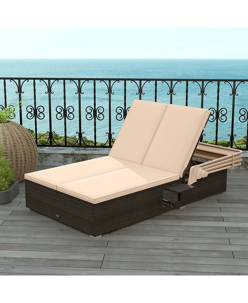 2-person Rattan Lounge Bed with Retractable Canopy 5-position Adjustable Backrest