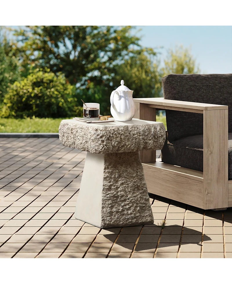 LuxenHome Rock Square Outdoor Side Table, 18 Inch Cement Side Table for Patio, Small Concrete Accent End Table for Living Room, Balcony, Vintage Outsi