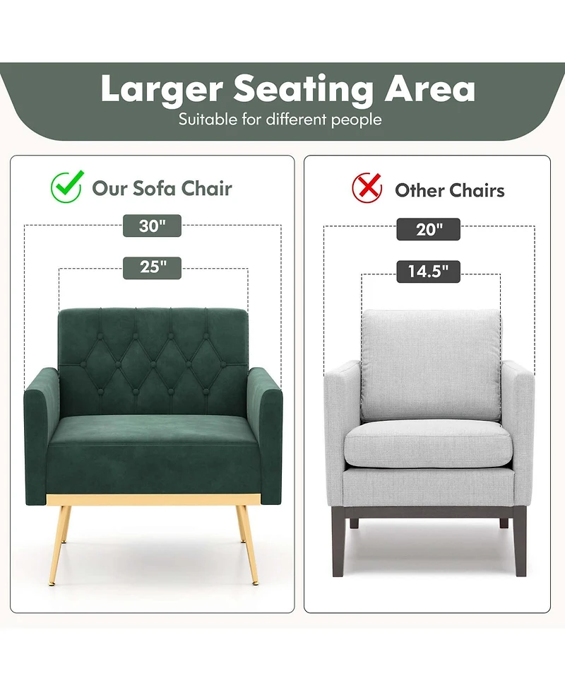 Modern Velvet Accent Chair with Button Tufted Back Golden Metal Legs & Foot Pads