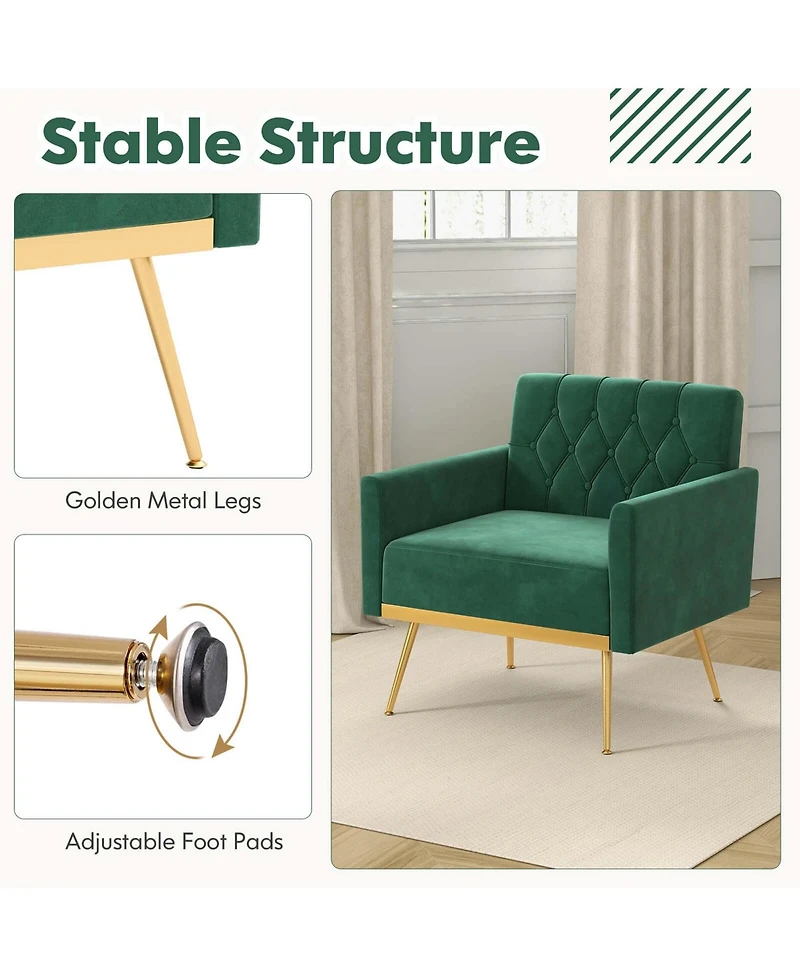 Modern Velvet Accent Chair with Button Tufted Back Golden Metal Legs & Foot Pads