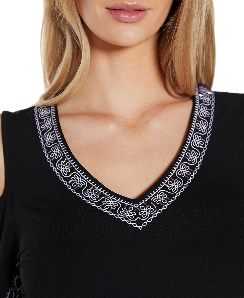 Belldini Women's Embroidered Cold-Shoulder Knit Top