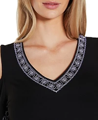 Belldini Women's Embroidered Cold-Shoulder Knit Top