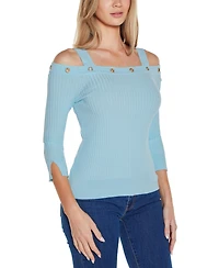 Belldini Women's Rhinestone Grommet Cold-Shoulder Sweater