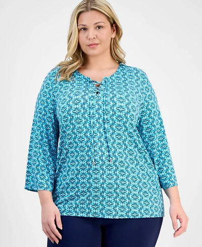 Jm Collection Plus Printed Lace-Up Split-Neck Top