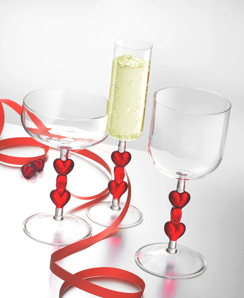 Qualia Glass Red Heart Stemmed Champagne Flute Glasses, Set of 2
