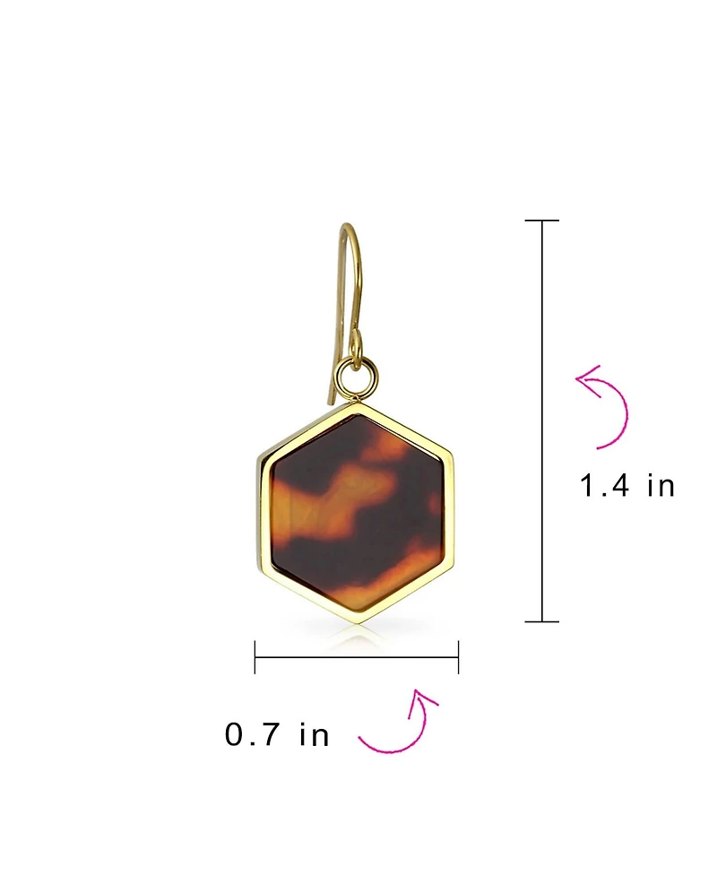 Bling Jewelry Hexagon Brown Tortoise Shell Dangle Earrings Gold Plated Stainless Steel