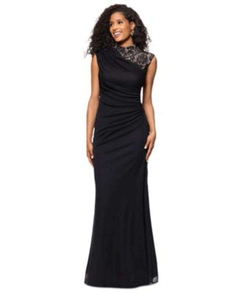B A By Betsy Adam Betsy Adam Womens Lace Trim Ruched Jersey Gown
