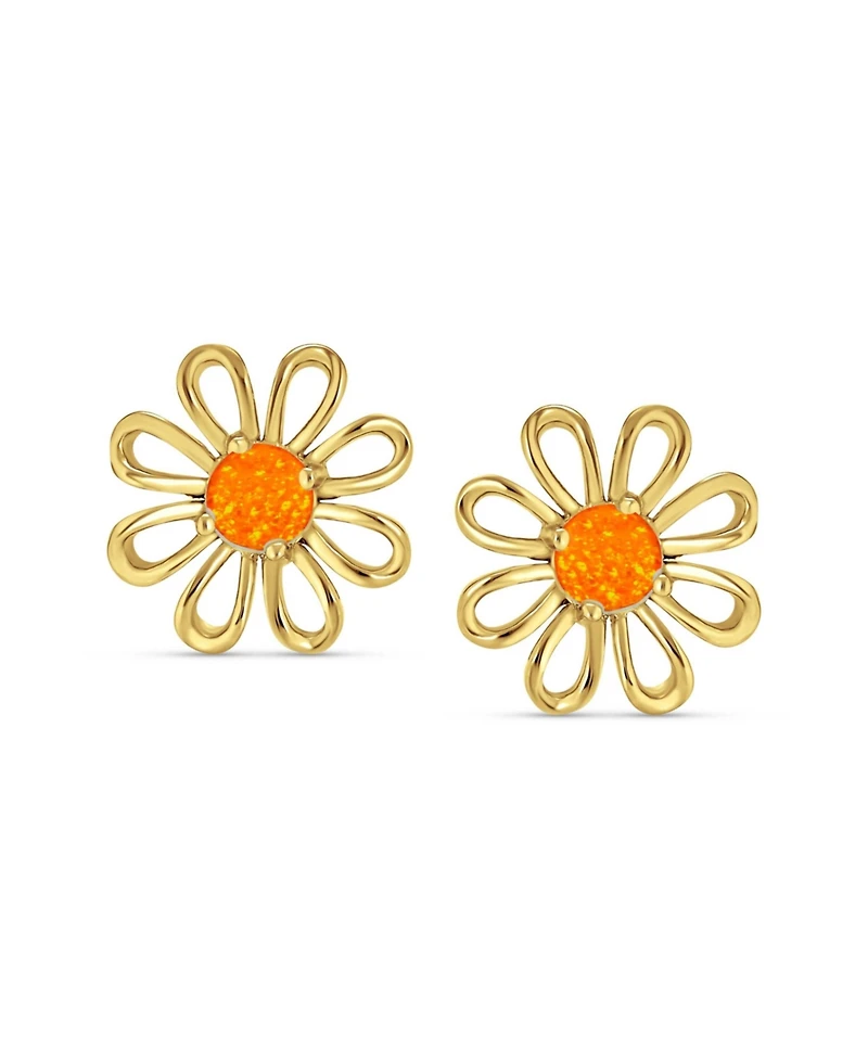 Bling Jewelry Orange Fire Opal Daisy Flower Stud Earrings 14K Gold Sterling Silver