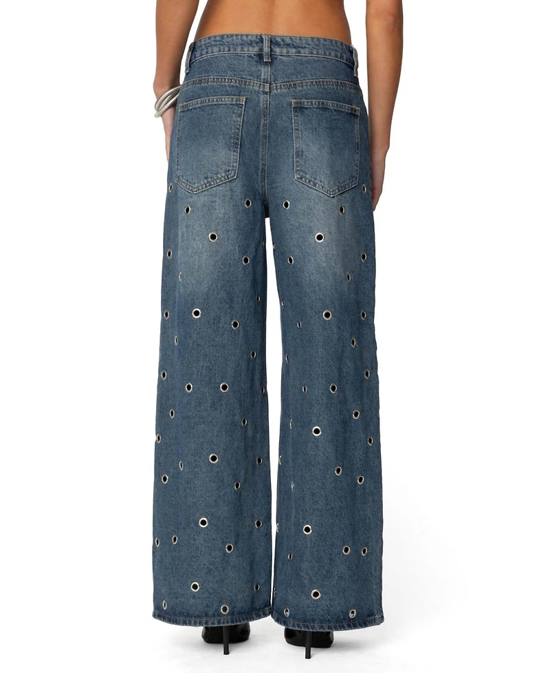 Edikted Womens Jainie Grommet Low Rise Jeans