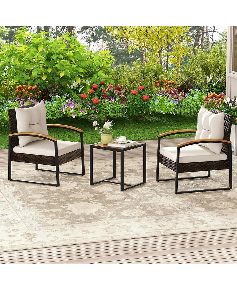 Gymax 3PCS Patio Wicker Furniture Set Pe Wicker Furniture Conversation Set w/ Acacia Wood Table
