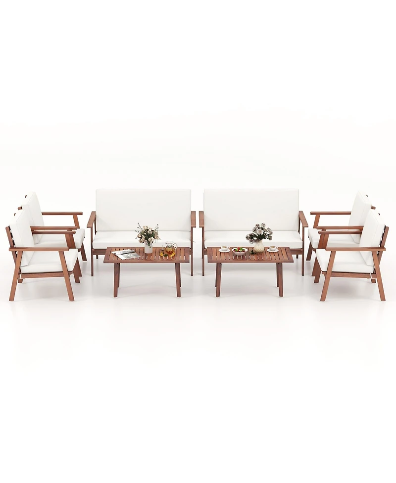 Gymax 8PCS Conversation Set Acacia Wood Sofa Coffee Table w/ Cushioned Seat Patio
