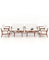 Gymax 8PCS Conversation Set Acacia Wood Sofa Coffee Table w/ Cushioned Seat Patio