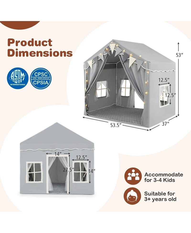 3-4 Kids Large Play Tent House with 2 Opening Doors and Star Lights