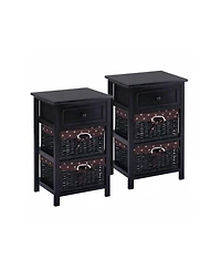 3 Tier Set of 2 Wood Nightstand with 1 and 2 Basket Drawer