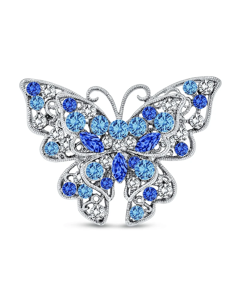 Bling Jewelry Large Crystal Filigree Butterfly Brooch Pin Fashion Statement Silver Plated Brass