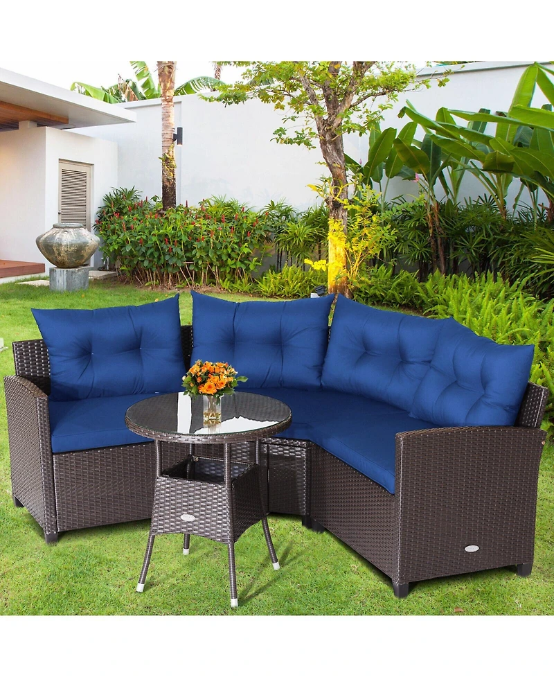4 Pieces Patio Rattan Furniture Set Cushioned Sofa Glass Table