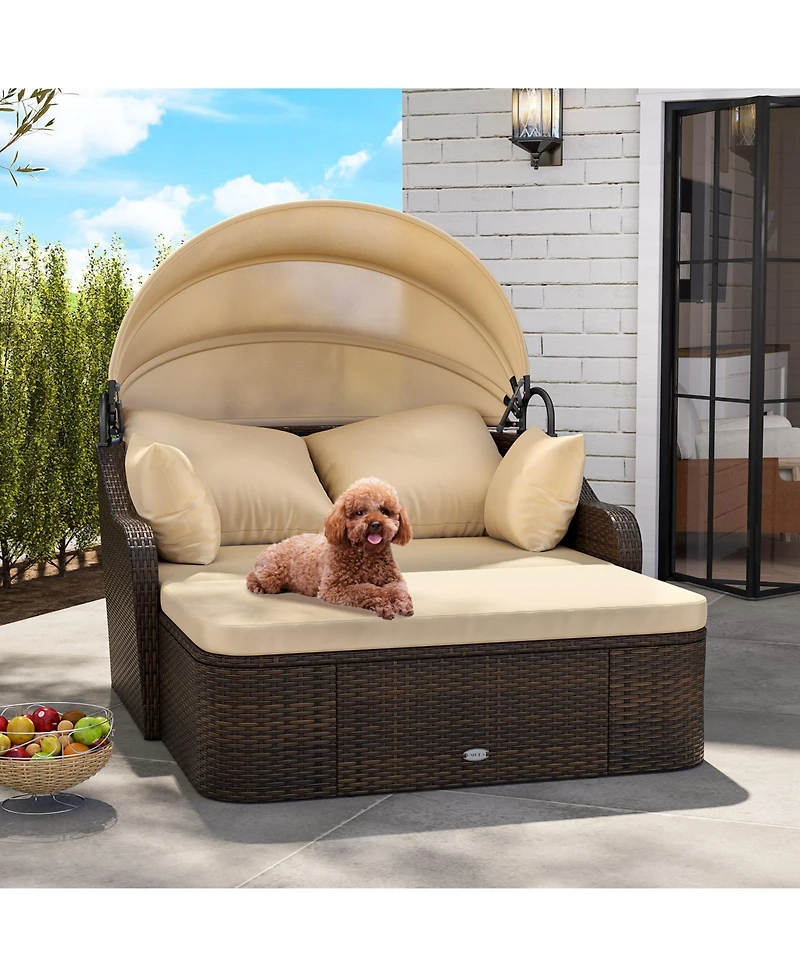 Patio Pe Rattan Daybed with Retractable Canopy and Soft Cushions